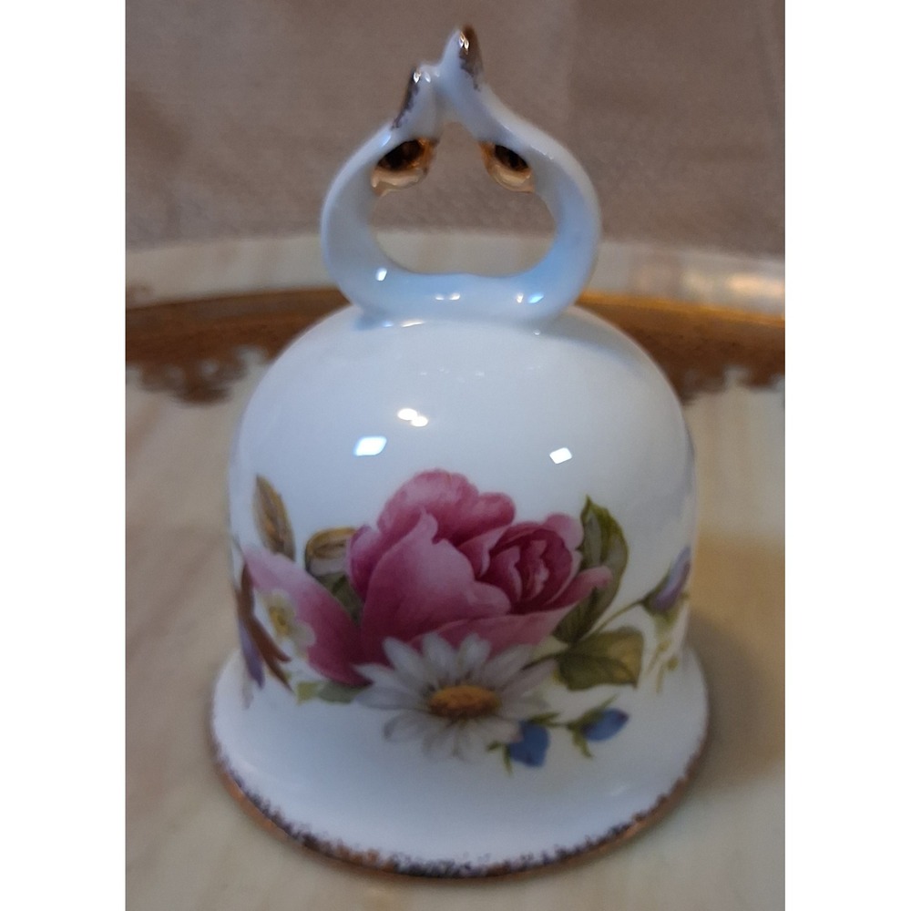 Flambro Summer Rose Fine Bone China Bell Vintage Floral Gold Trim Pink White